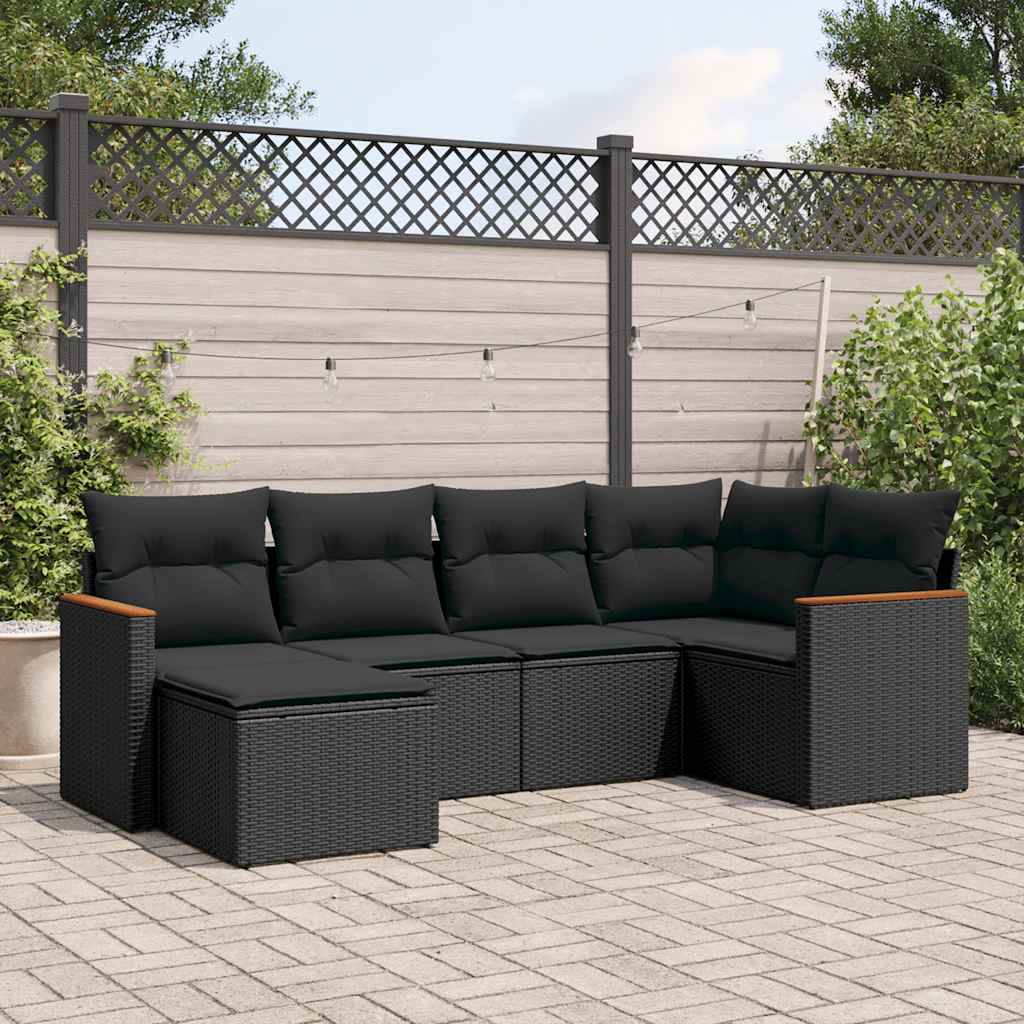 6 Pcs conjunto sofás de jardim c/ almofadões vime PE preto