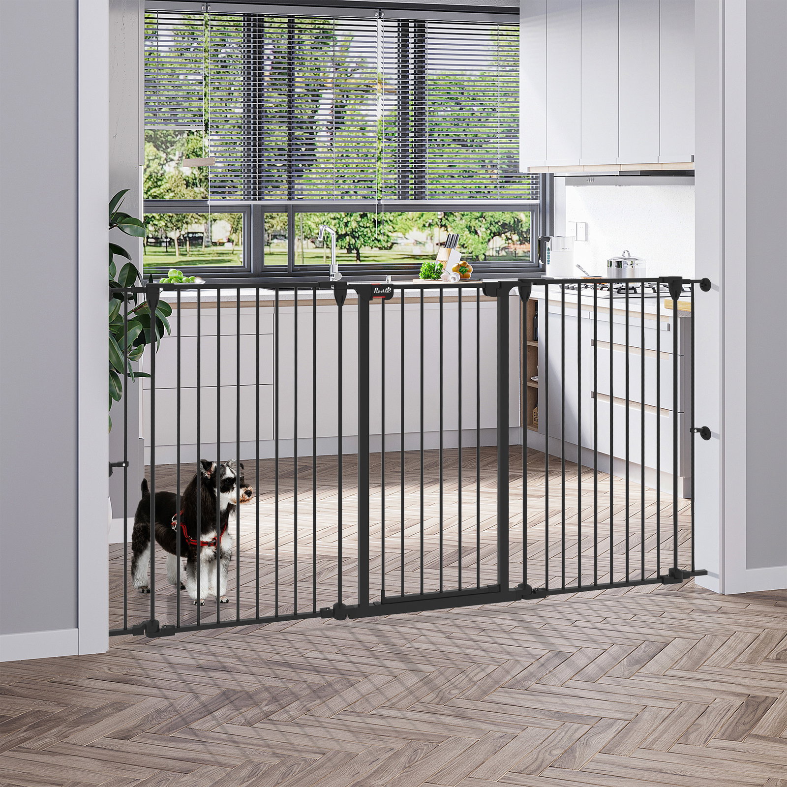 Barreira para cães de aço barreira de segurança para animais de estimação dobrável de 3 painéis duplo fechamento 206x90 cm preto