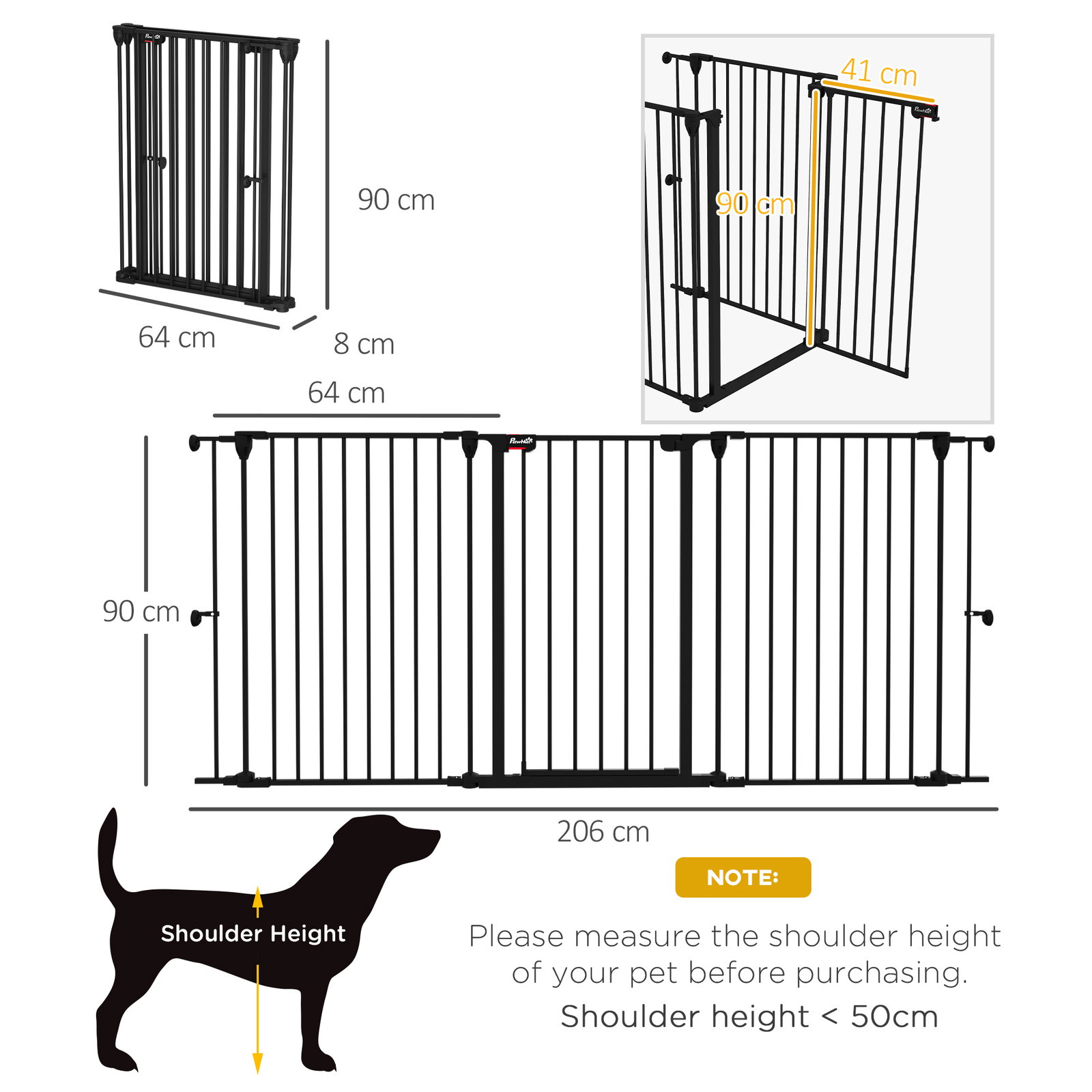 Barreira para cães de aço barreira de segurança para animais de estimação dobrável de 3 painéis duplo fechamento 206x90 cm preto
