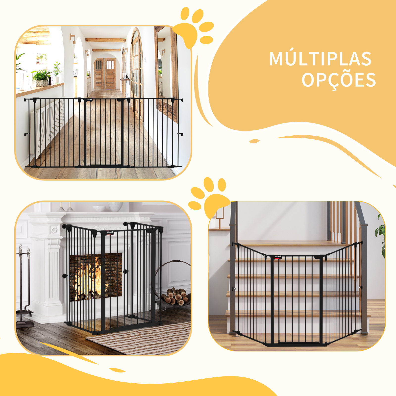 Barreira para cães de aço barreira de segurança para animais de estimação dobrável de 3 painéis duplo fechamento 206x90 cm preto