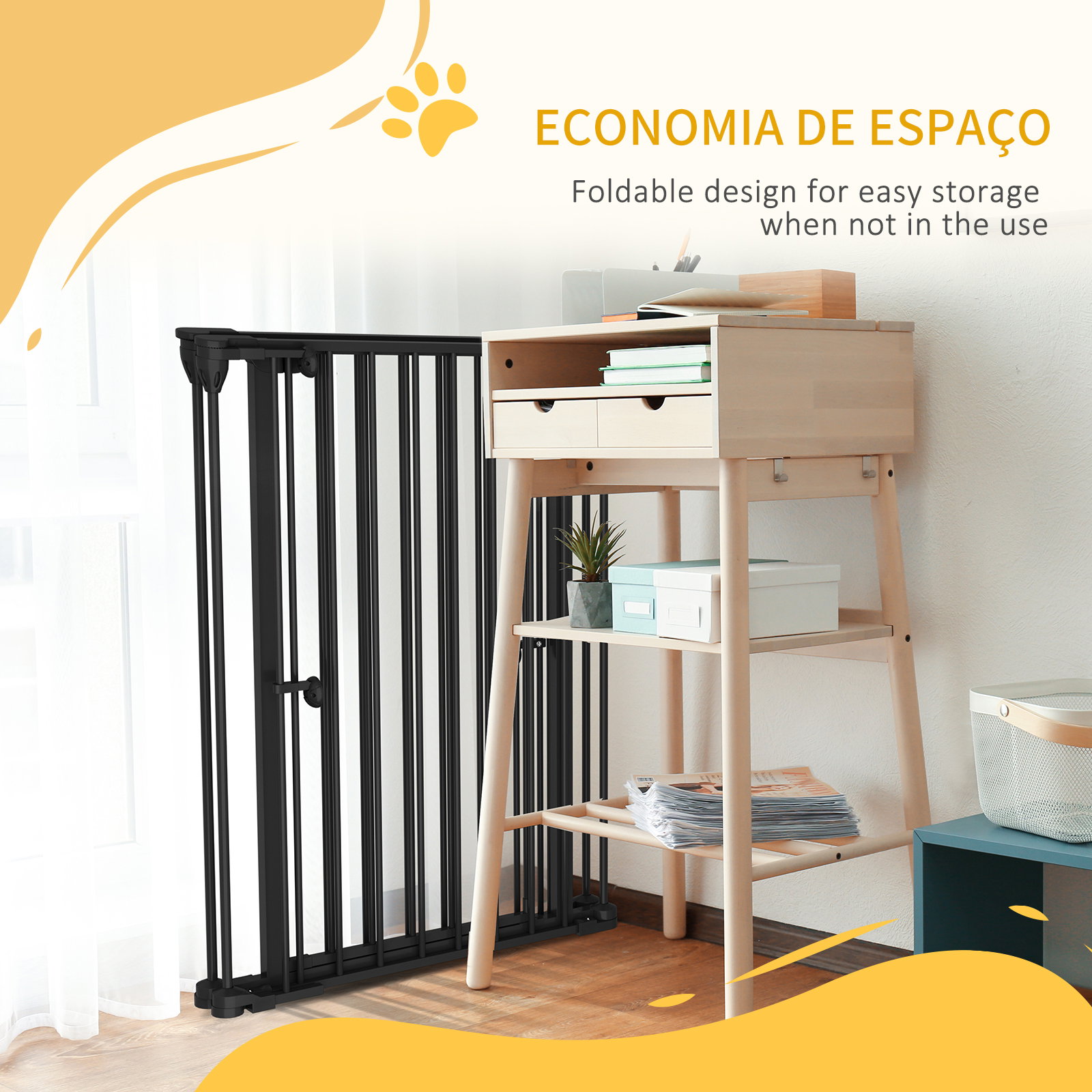 Barreira para cães de aço barreira de segurança para animais de estimação dobrável de 3 painéis duplo fechamento 206x90 cm preto
