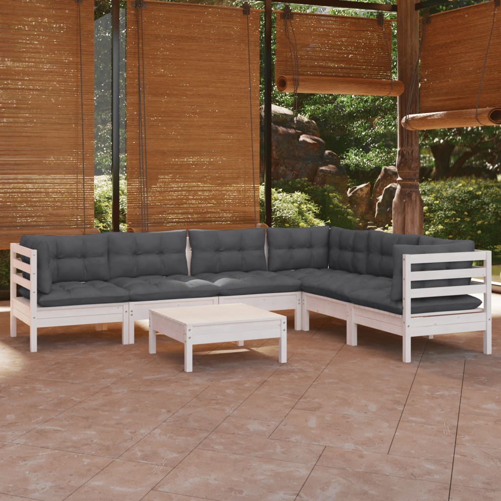 7 Pcs conj. lounge de jardim c/ almofadões pinho maciço branco