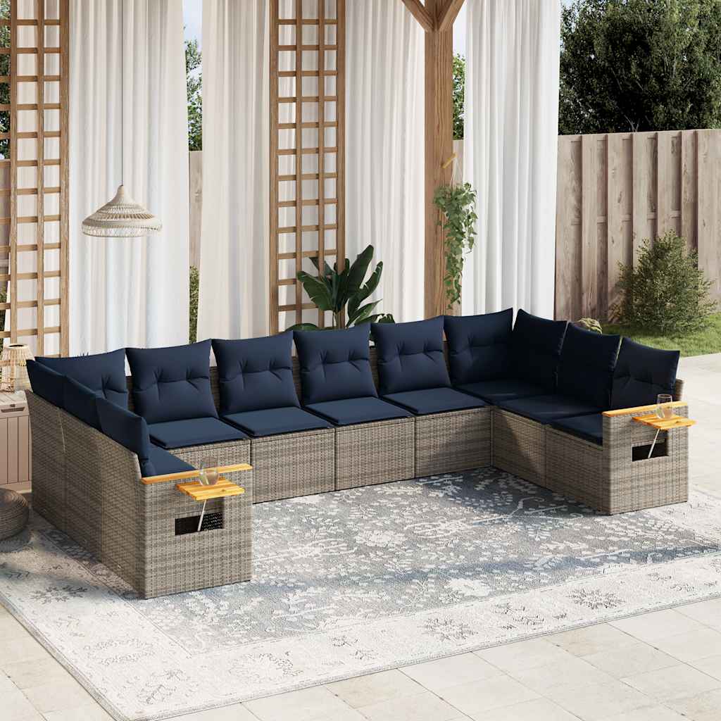 10 Pcs conjunto sofás p/ jardim c/ almofadões vime PE cinzento