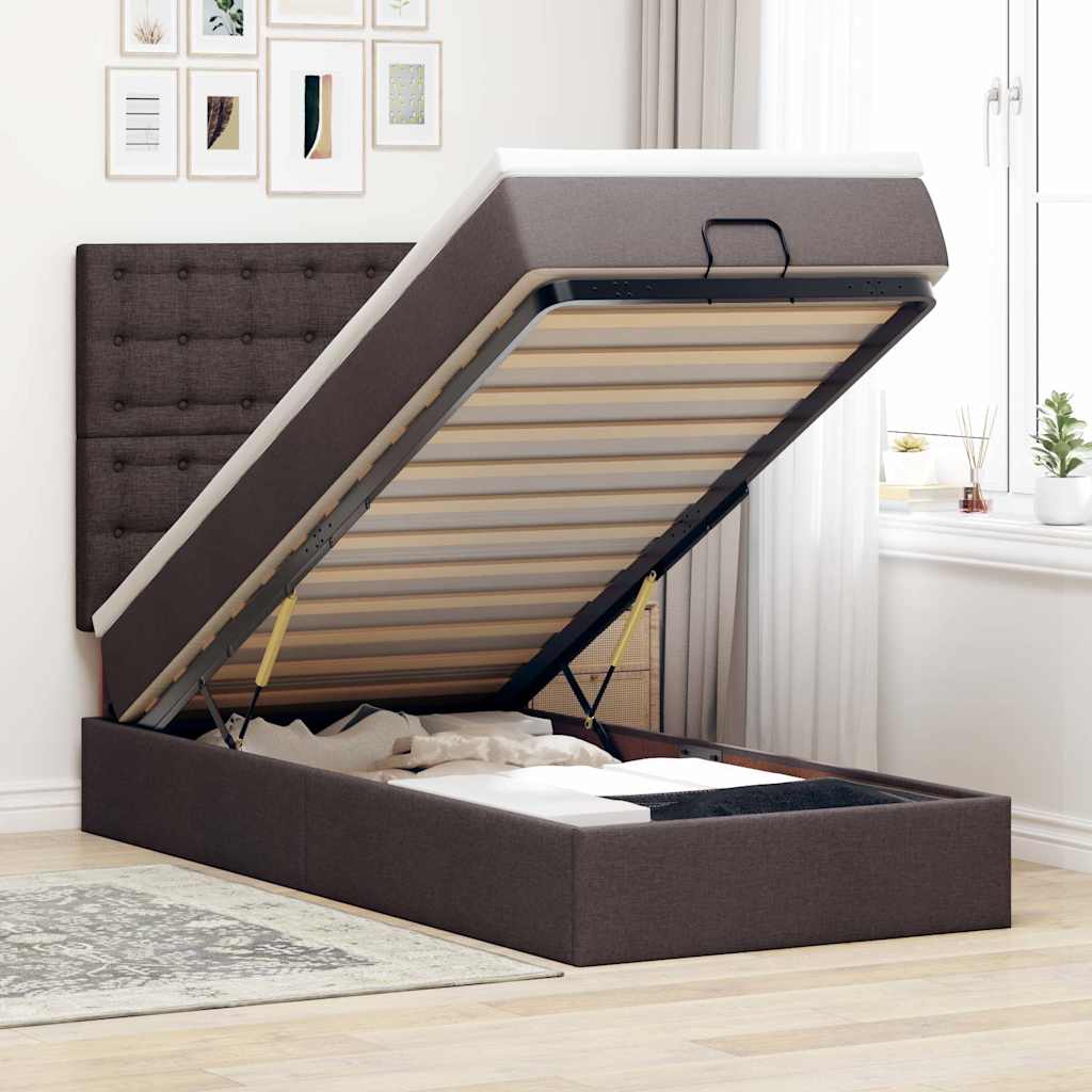 Cama otomana com colchão 90x200 cm tecido castanho escuro