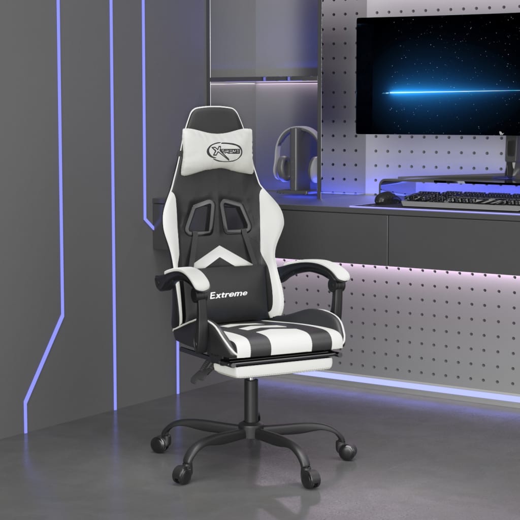 Cadeira gaming giratória c/ apoio pés couro artif. preto/branco