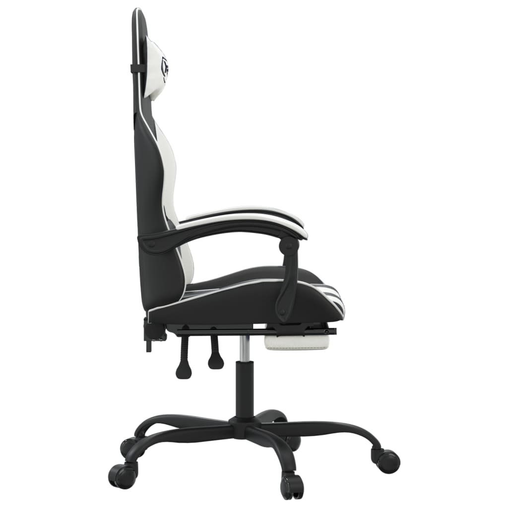 Cadeira gaming giratória c/ apoio pés couro artif. preto/branco