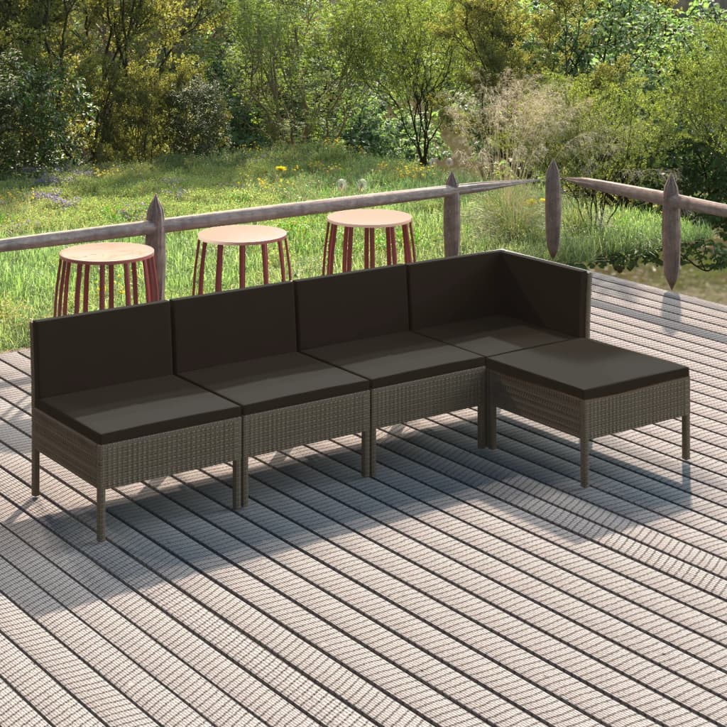 5 Pcs conjunto lounge de jardim c/ almofadões vime PE cinzento