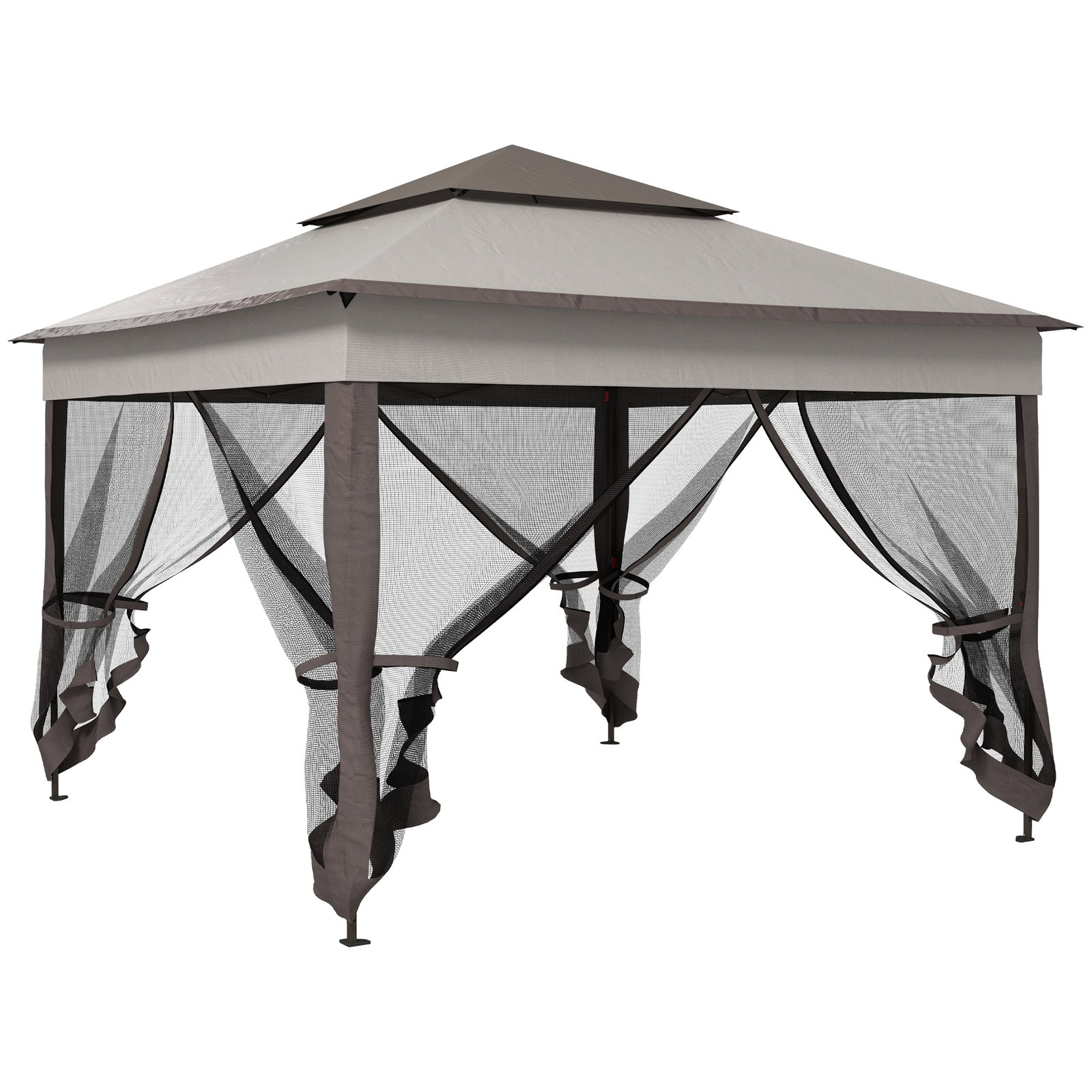 Tenda dobrável exterior 325x325x270 cm tenda de jardim com teto duplo rede mosquiteira amovível e bolsa de transporte cinza