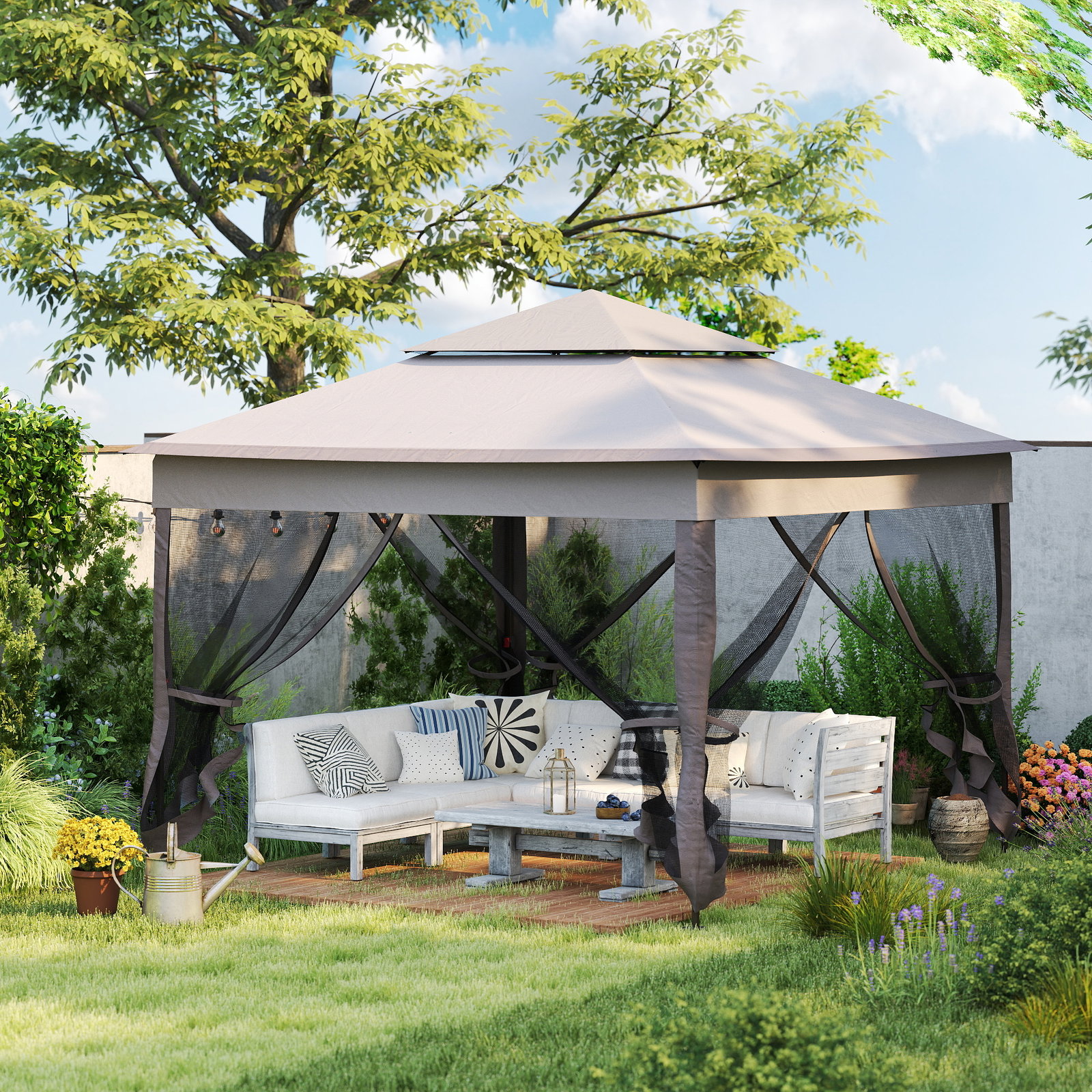 Tenda dobrável exterior 325x325x270 cm tenda de jardim com teto duplo rede mosquiteira amovível e bolsa de transporte cinza