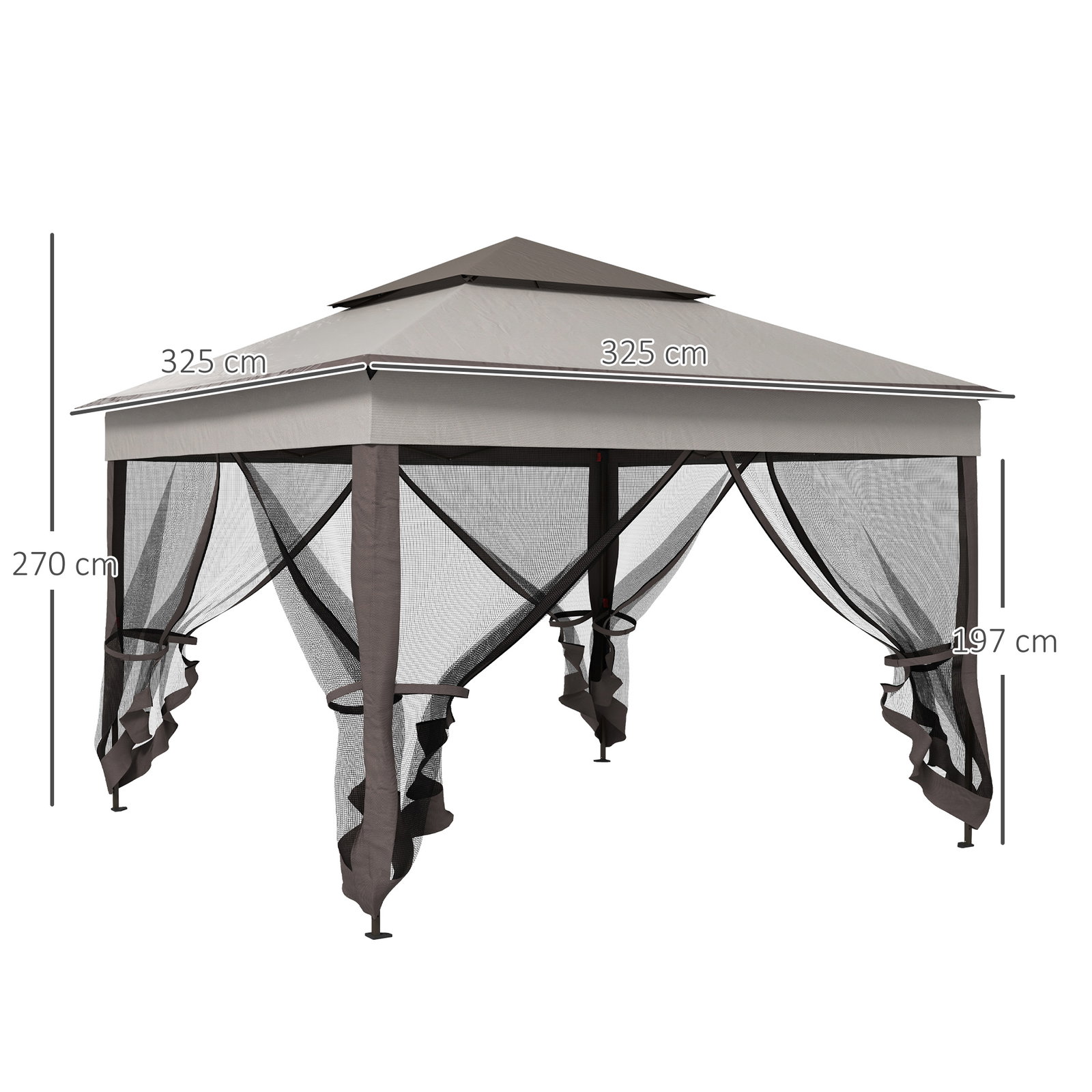 Tenda dobrável exterior 325x325x270 cm tenda de jardim com teto duplo rede mosquiteira amovível e bolsa de transporte cinza