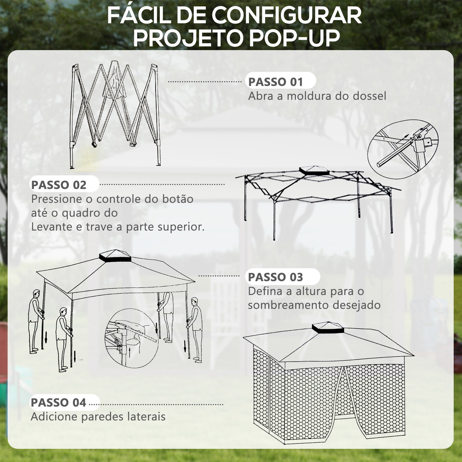 Tenda dobrável exterior 325x325x270 cm tenda de jardim com teto duplo rede mosquiteira amovível e bolsa de transporte cinza