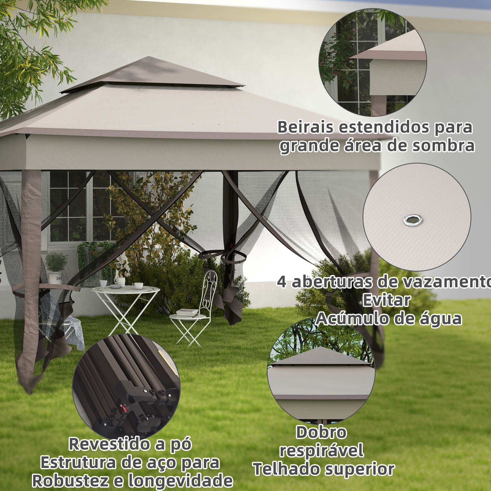 Tenda dobrável exterior 325x325x270 cm tenda de jardim com teto duplo rede mosquiteira amovível e bolsa de transporte cinza