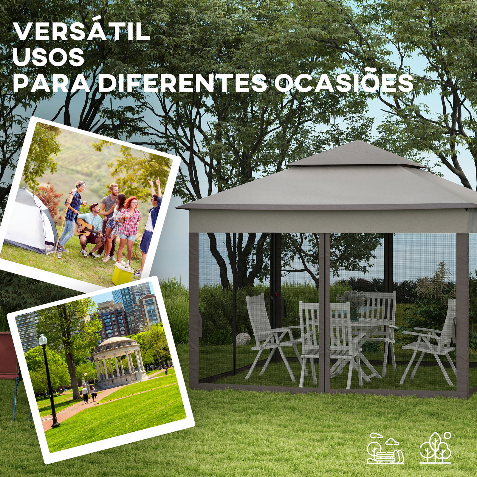 Tenda dobrável exterior 325x325x270 cm tenda de jardim com teto duplo rede mosquiteira amovível e bolsa de transporte cinza