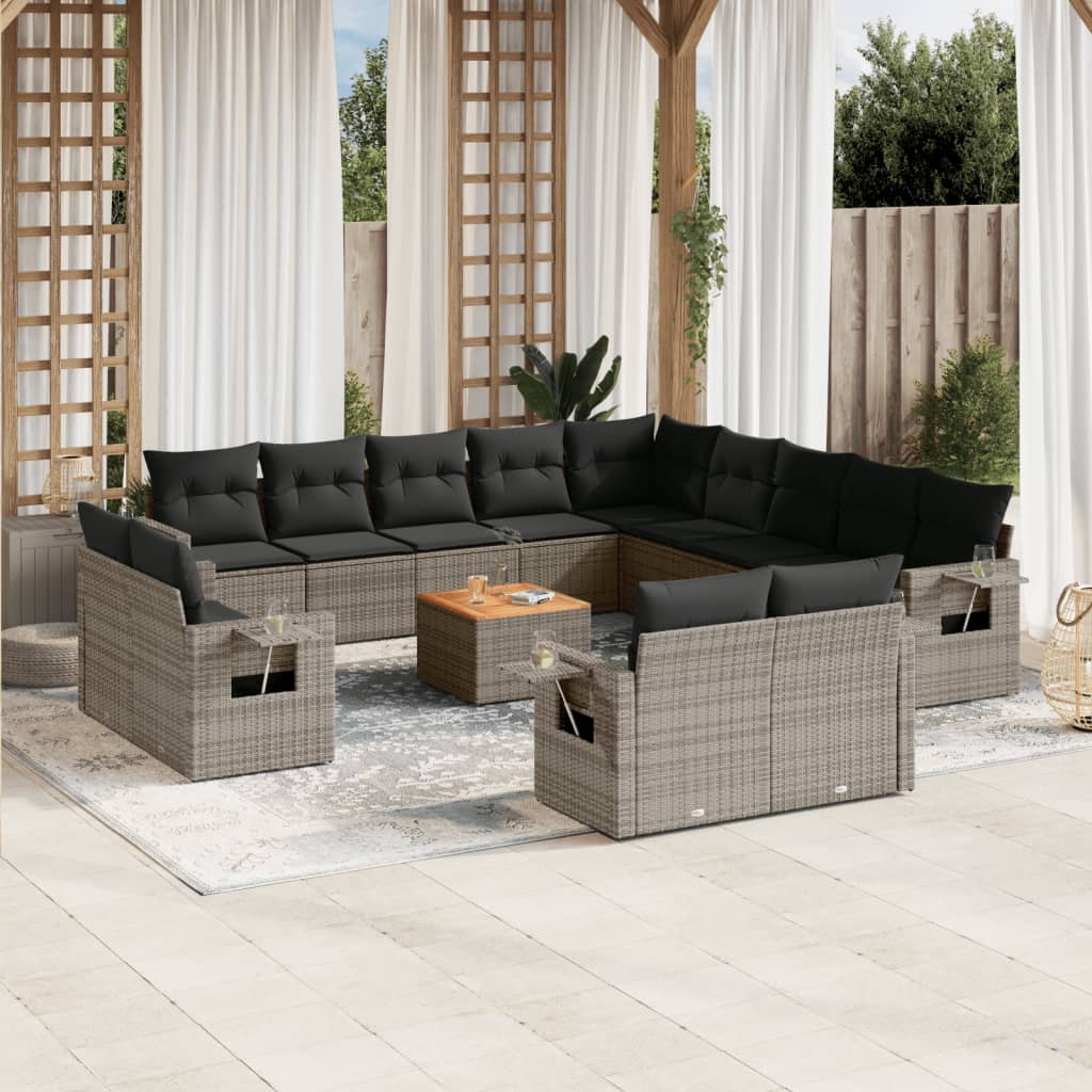 14 Pcs conjunto sofás p/ jardim c/ almofadões vime PE cinzento