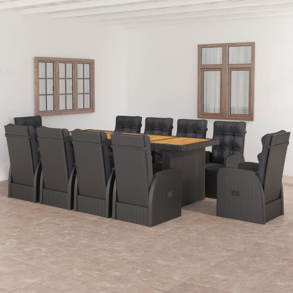 11 Pcs conjunto jantar exterior com almofadões vime PE preto
