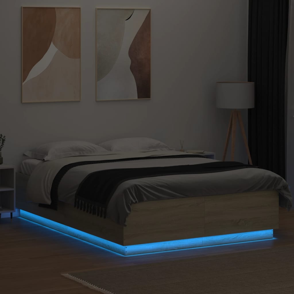 Estrutura cama c/ luzes LED derivados madeira carvalho sonoma