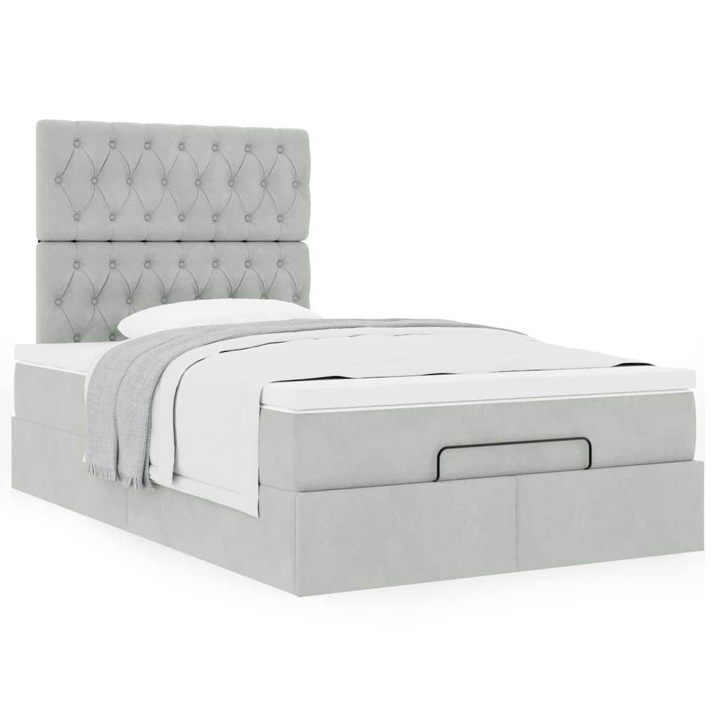 Estrutura de cama otomana com colchões cinza claro veludo