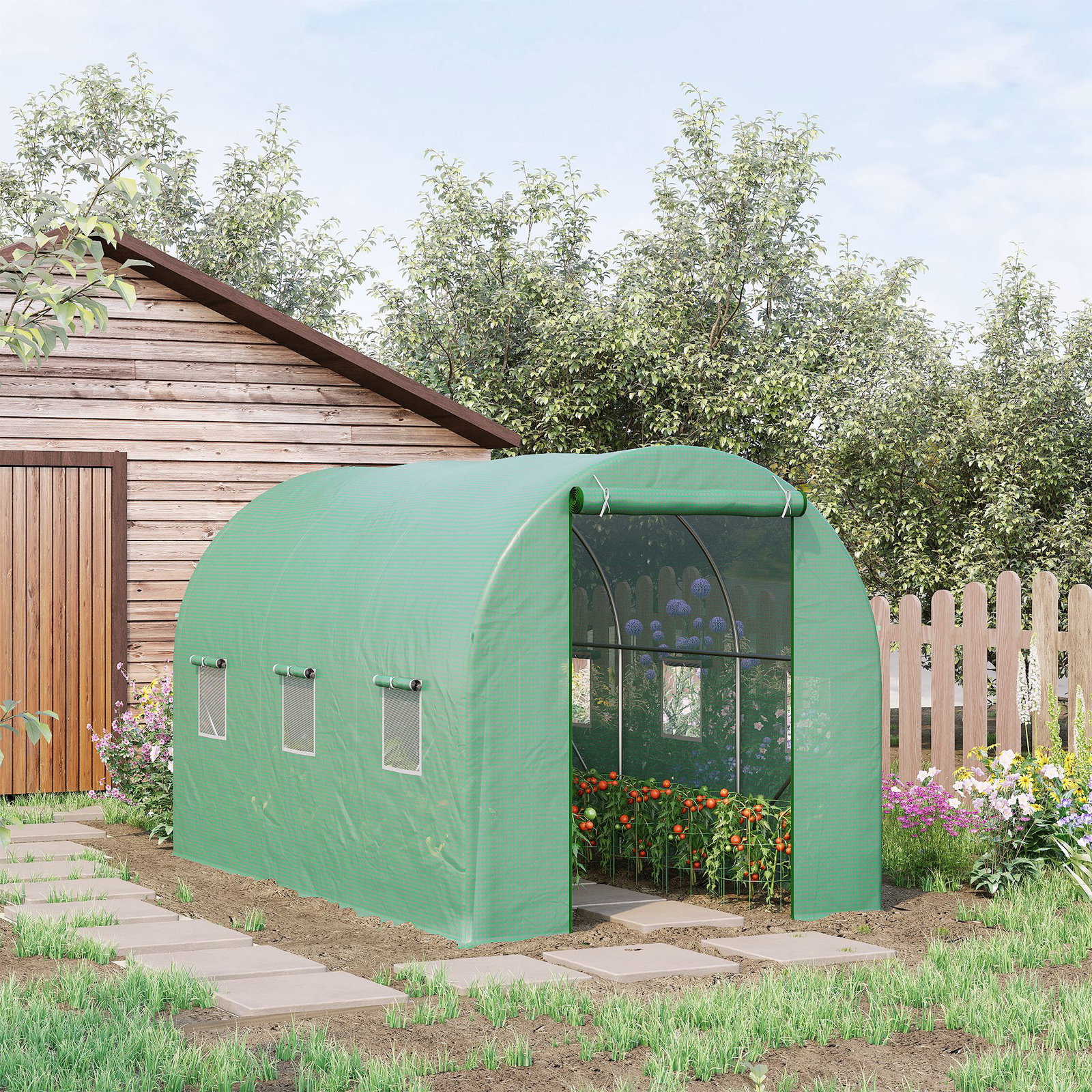 Estufa tipo túnel de jardim 350x200x200cm estufa de jardim com 6 janelas respiráveis e porta enrolável com zíper para cultivo de plantas e verduras verde