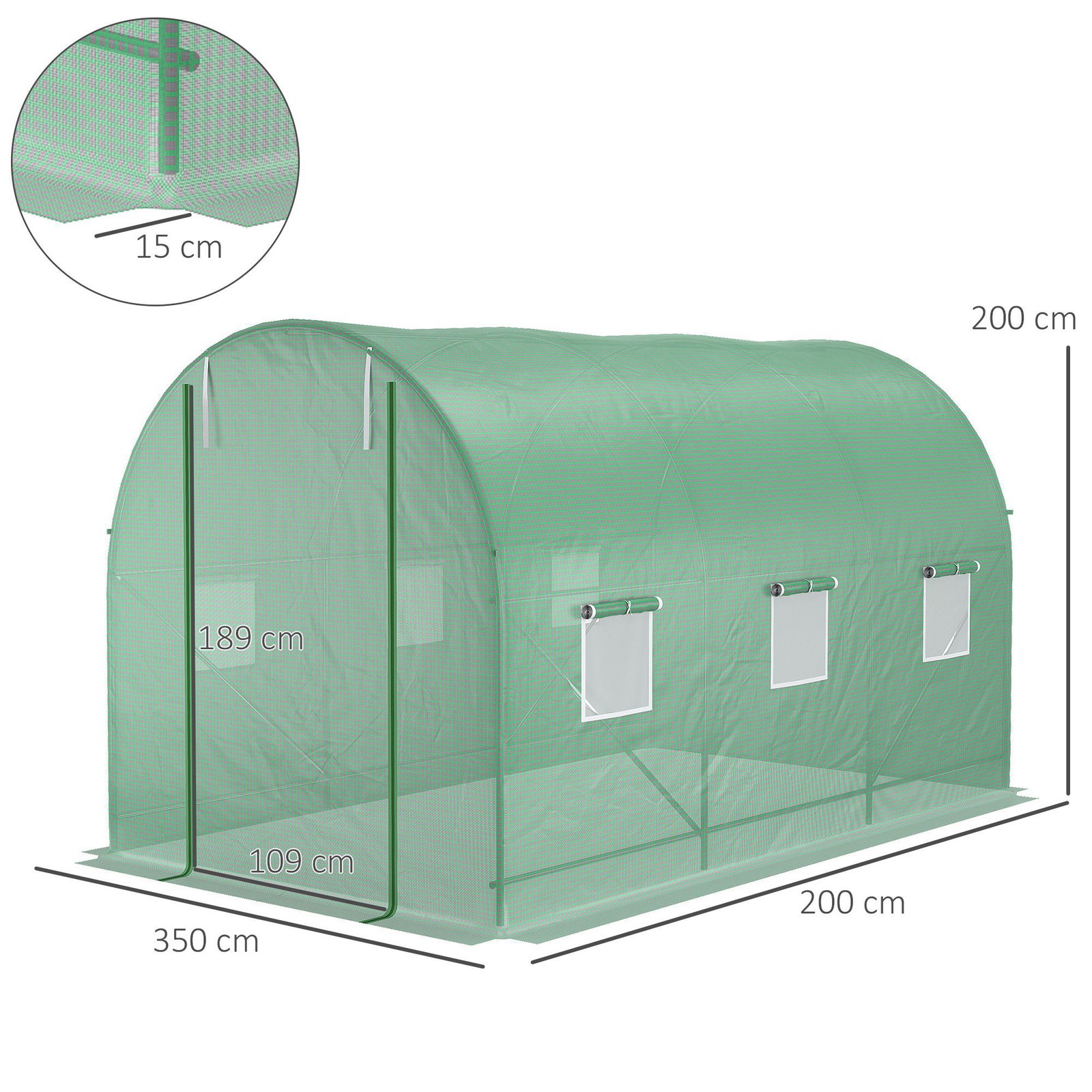 Estufa tipo túnel de jardim 350x200x200cm estufa de jardim com 6 janelas respiráveis e porta enrolável com zíper para cultivo de plantas e verduras verde