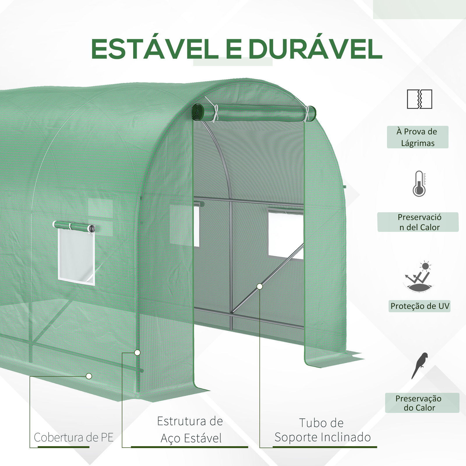 Estufa tipo túnel de jardim 350x200x200cm estufa de jardim com 6 janelas respiráveis e porta enrolável com zíper para cultivo de plantas e verduras verde