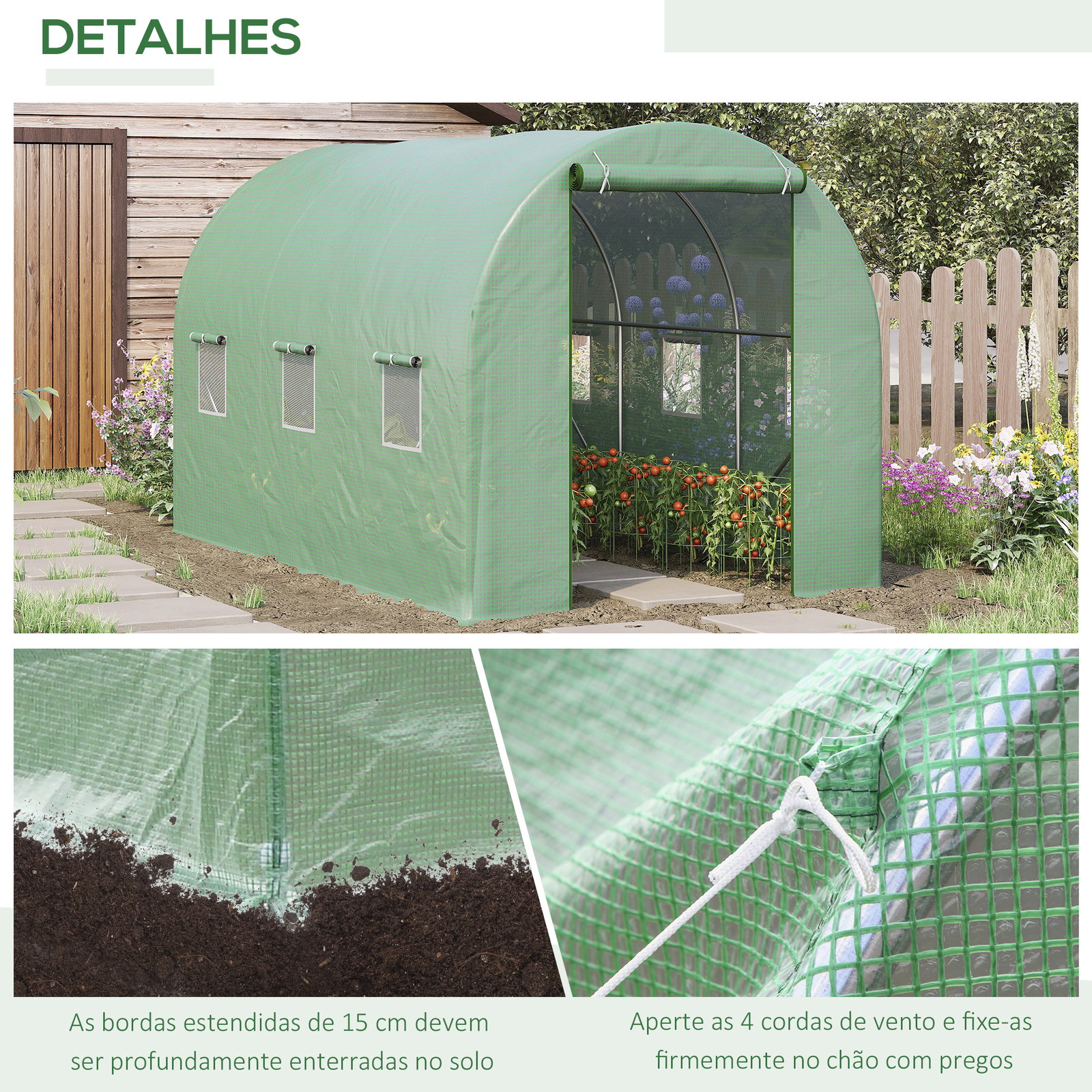 Estufa tipo túnel de jardim 350x200x200cm estufa de jardim com 6 janelas respiráveis e porta enrolável com zíper para cultivo de plantas e verduras verde