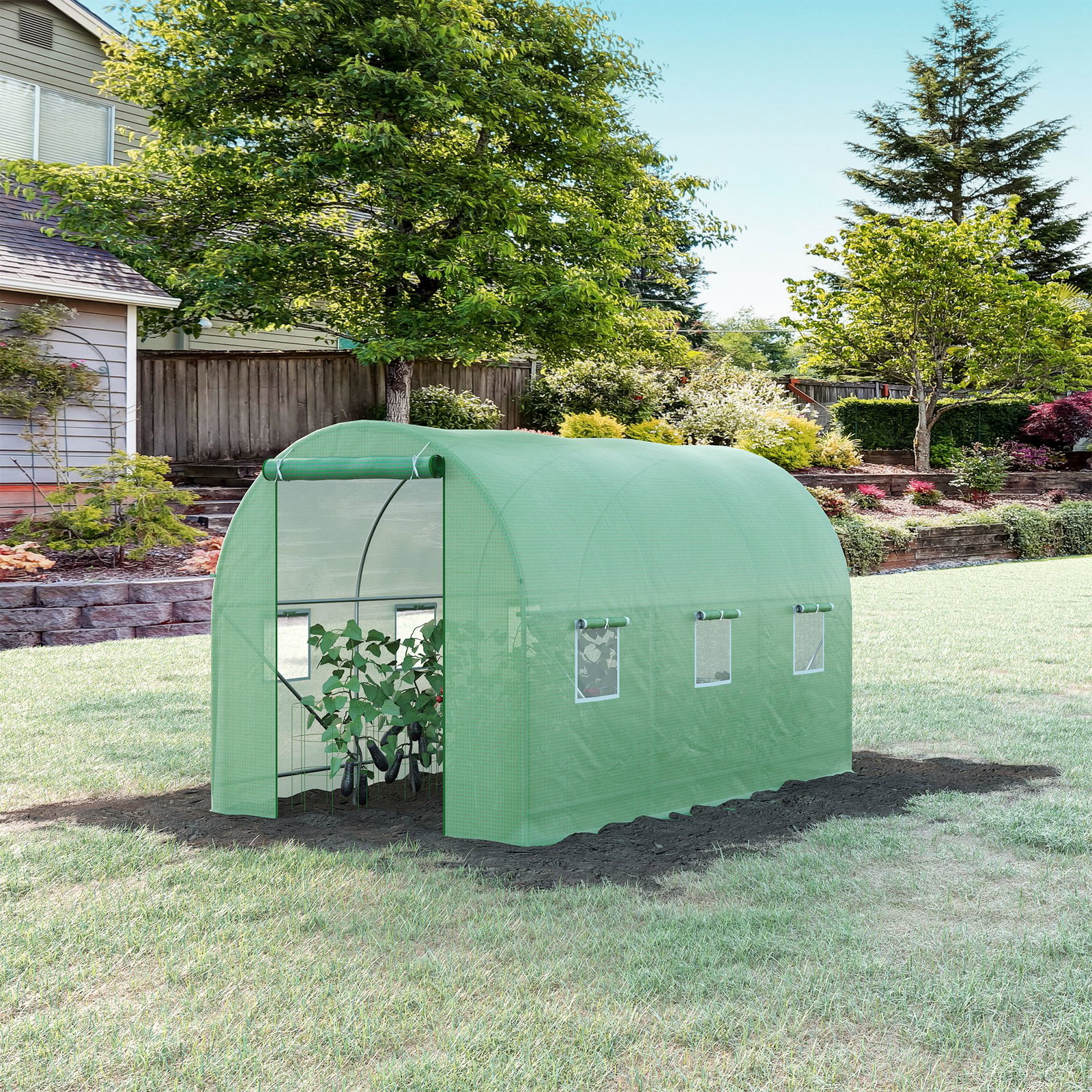 Estufa tipo túnel de jardim 350x200x200cm estufa de jardim com 6 janelas respiráveis e porta enrolável com zíper para cultivo de plantas e verduras verde