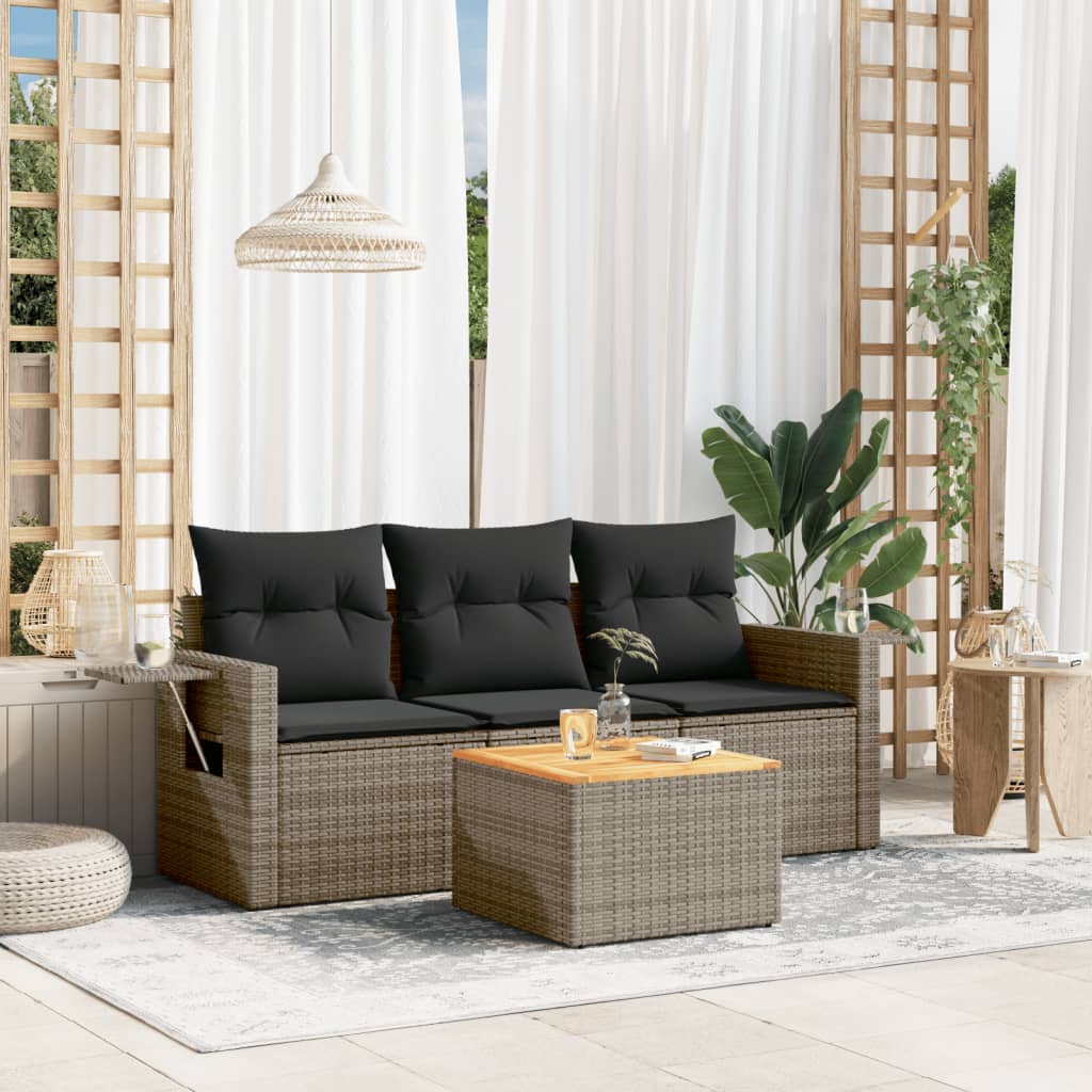 4 Pcs conjunto sofás de jardim c/ almofadões vime PE cinzento