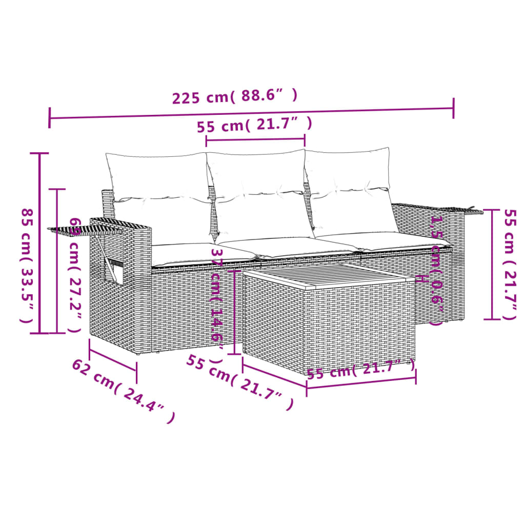 4 Pcs conjunto sofás de jardim c/ almofadões vime PE cinzento