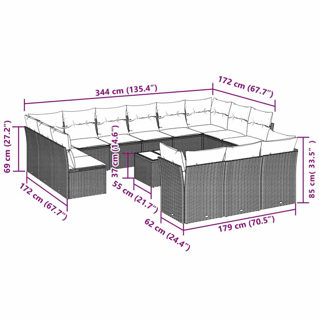 14 Pcs conjunto de sofás p/ jardim c/ almofadões vime PE preto