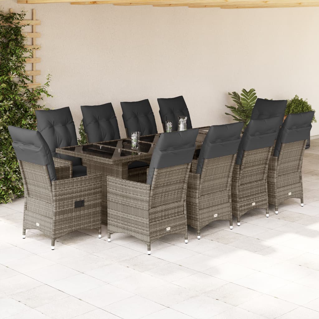 11 Pcs conjunto bistrô de jardim c/ almofadões vime PE cinzento