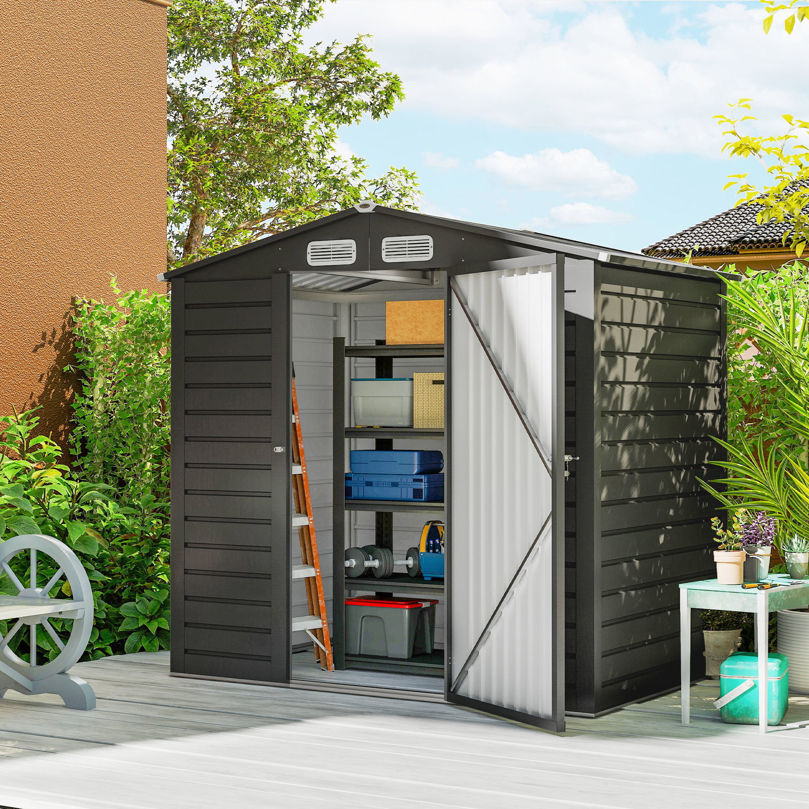 Abrigo de jardim 2,27 m² 190x131x188 cm com 2 ventilações porta com fechadura para armazenamento de ferramentas cinza