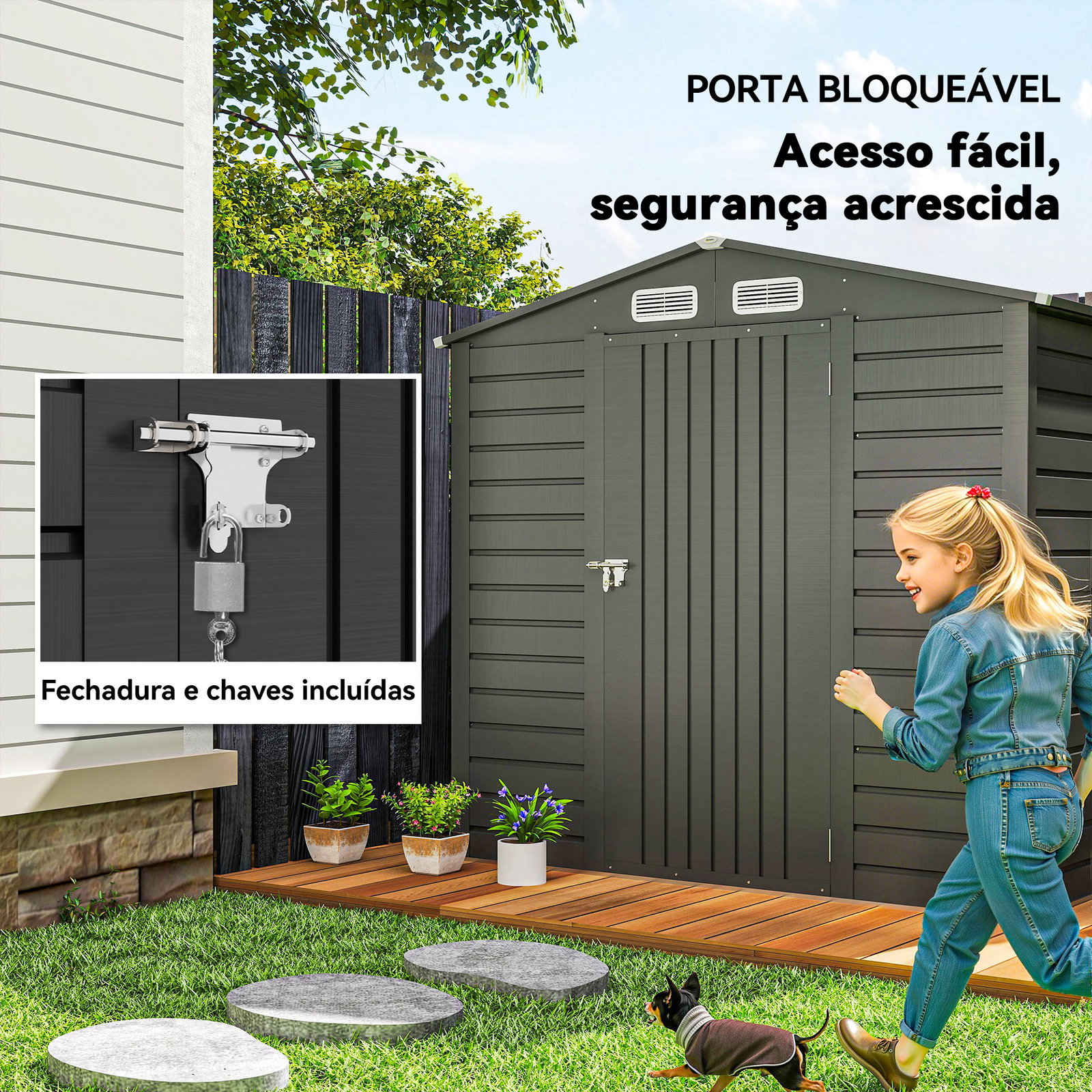 Abrigo de jardim 2,27 m² 190x131x188 cm com 2 ventilações porta com fechadura para armazenamento de ferramentas cinza