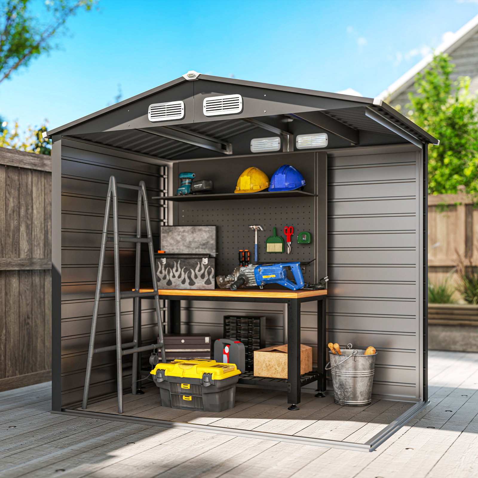 Abrigo de jardim 2,27 m² 190x131x188 cm com 2 ventilações porta com fechadura para armazenamento de ferramentas cinza