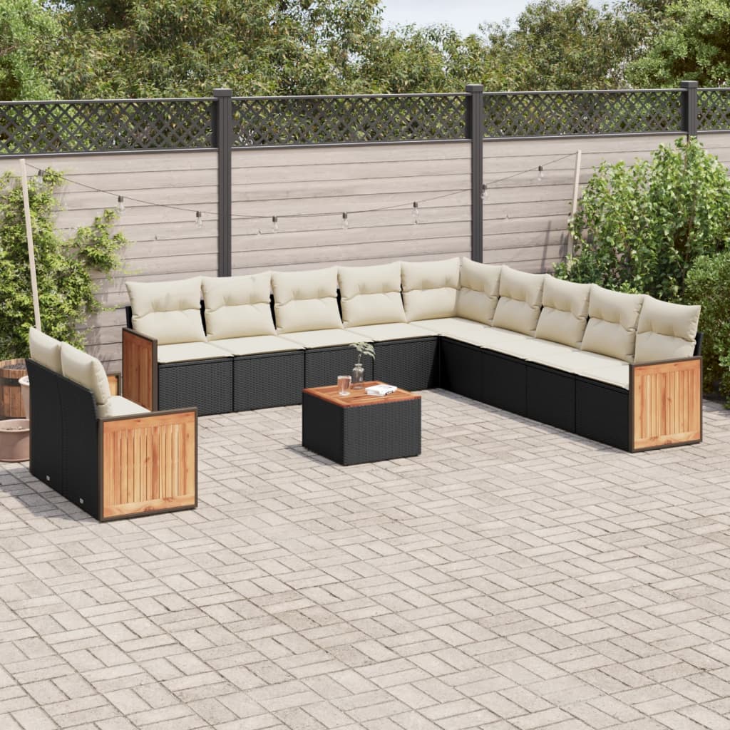 12 Pcs conjunto de sofás de jardim c/ almofadões vime PE preto