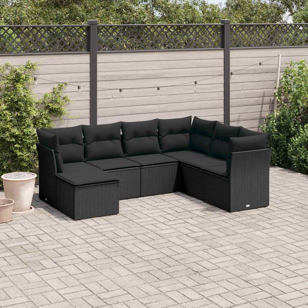 7 Pcs conjunto de sofás p/ jardim c/ almofadões vime PE preto