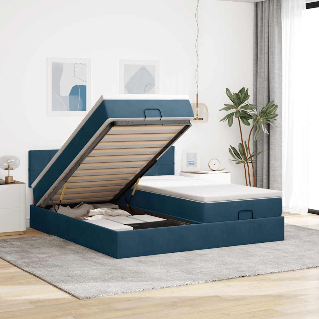Estrutura de cama otomana com colchão azul escuro veludo