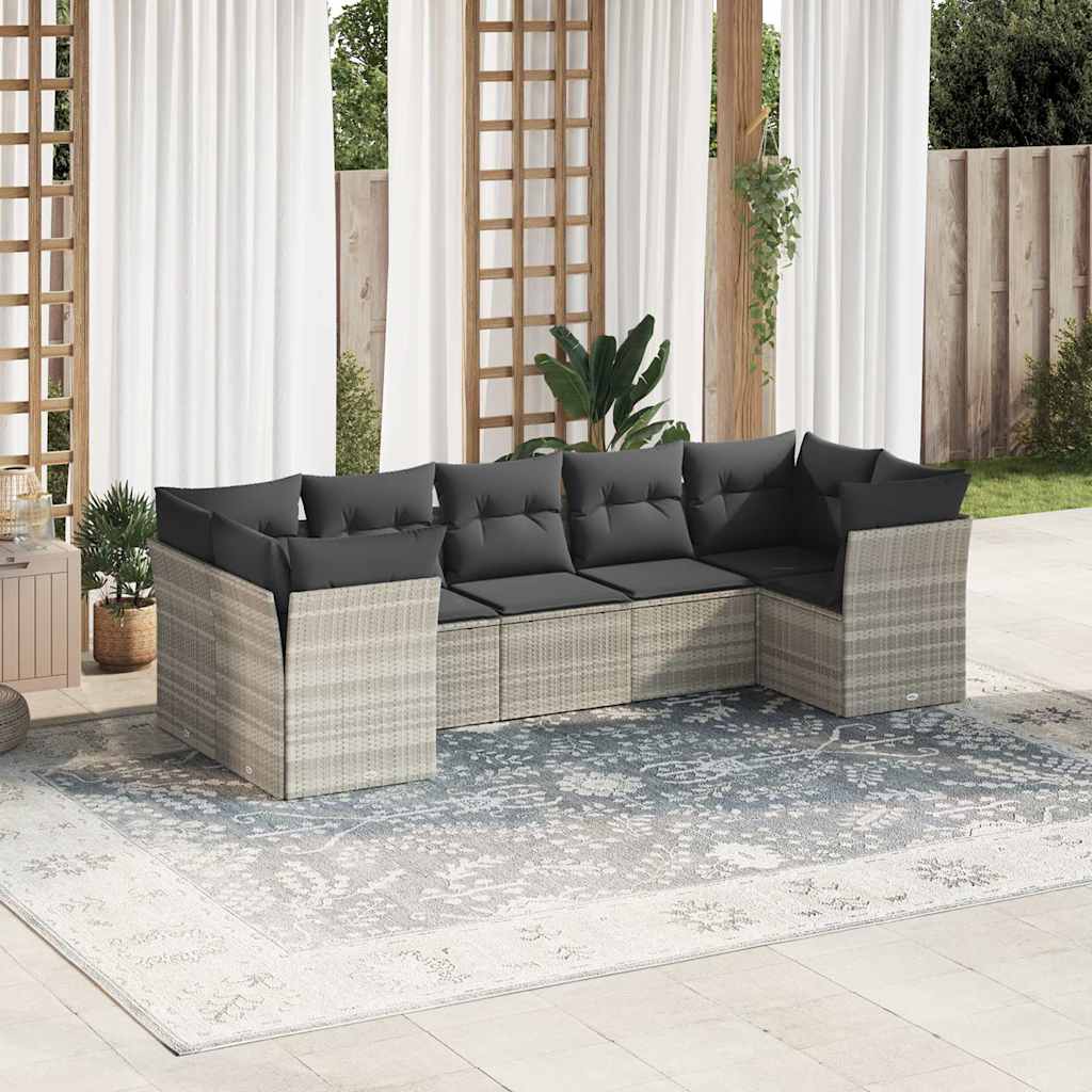 7 Pcs conj. sofás jardim com almofadões vime PE cinzento-claro