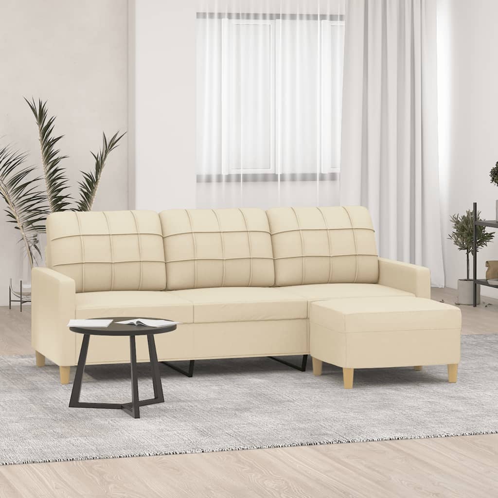 Sofá de 3 lugares com apoio de pés 180 cm tecido cor creme