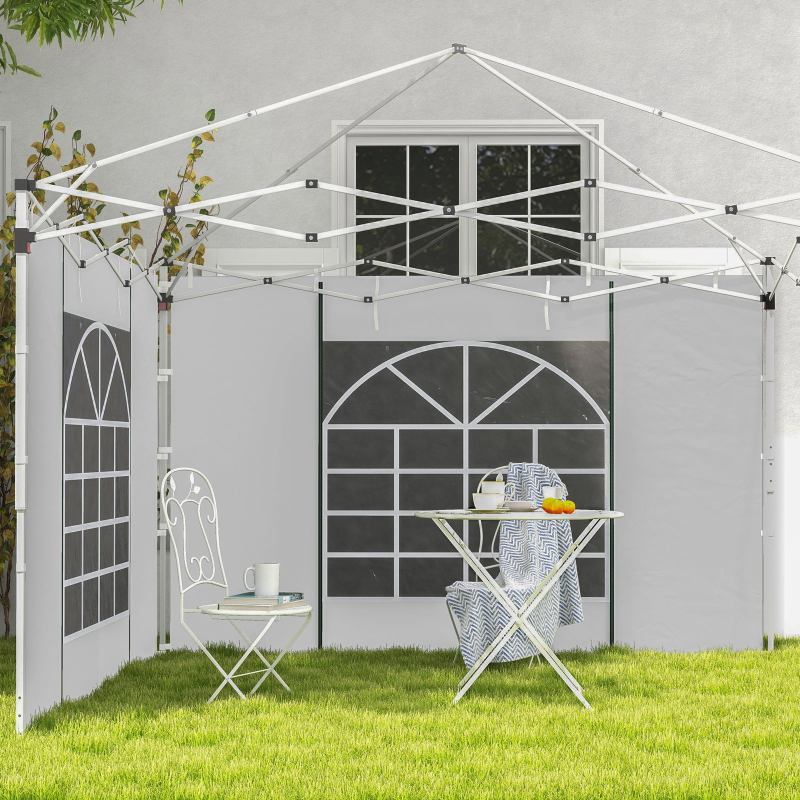 Paredes laterais para tenda de 2 painéis 295x195 cm com janela enrolável e porta com fecho de correr para tenda 3x3 m ou 3x6 m branco