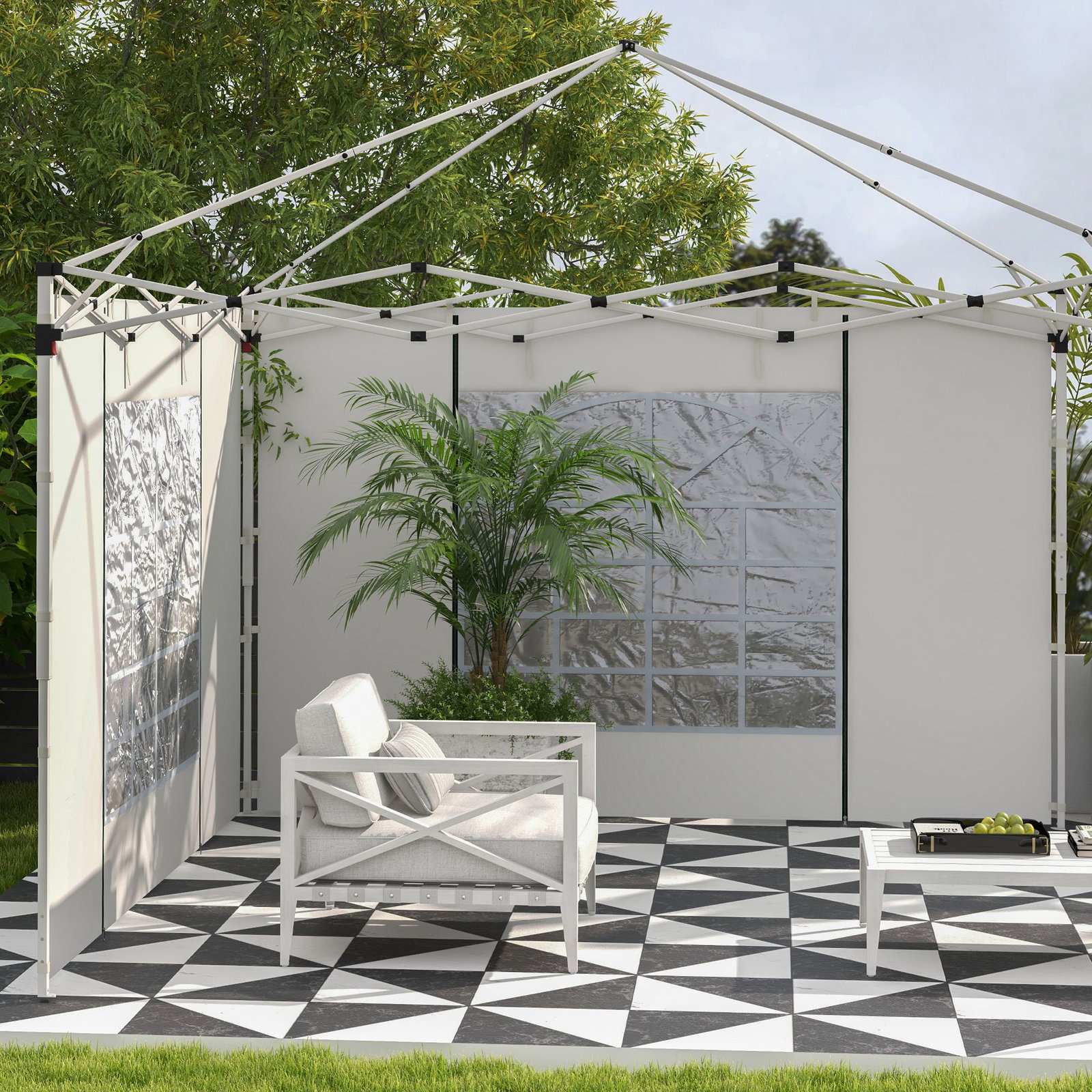 Paredes laterais para tenda de 2 painéis 295x195 cm com janela enrolável e porta com fecho de correr para tenda 3x3 m ou 3x6 m branco