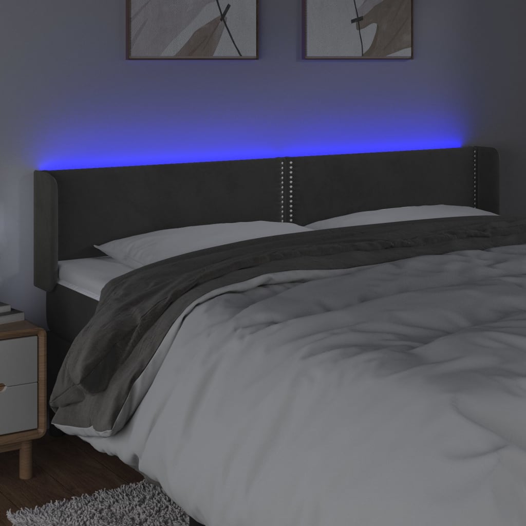 Cabeceira cama c/ luzes LED veludo 183x16x78/88cm cinza-escuro