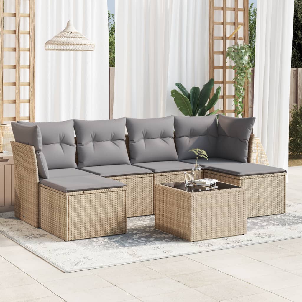 7 Pcs conjunto de sofás p/ jardim com almofadões vime PE bege