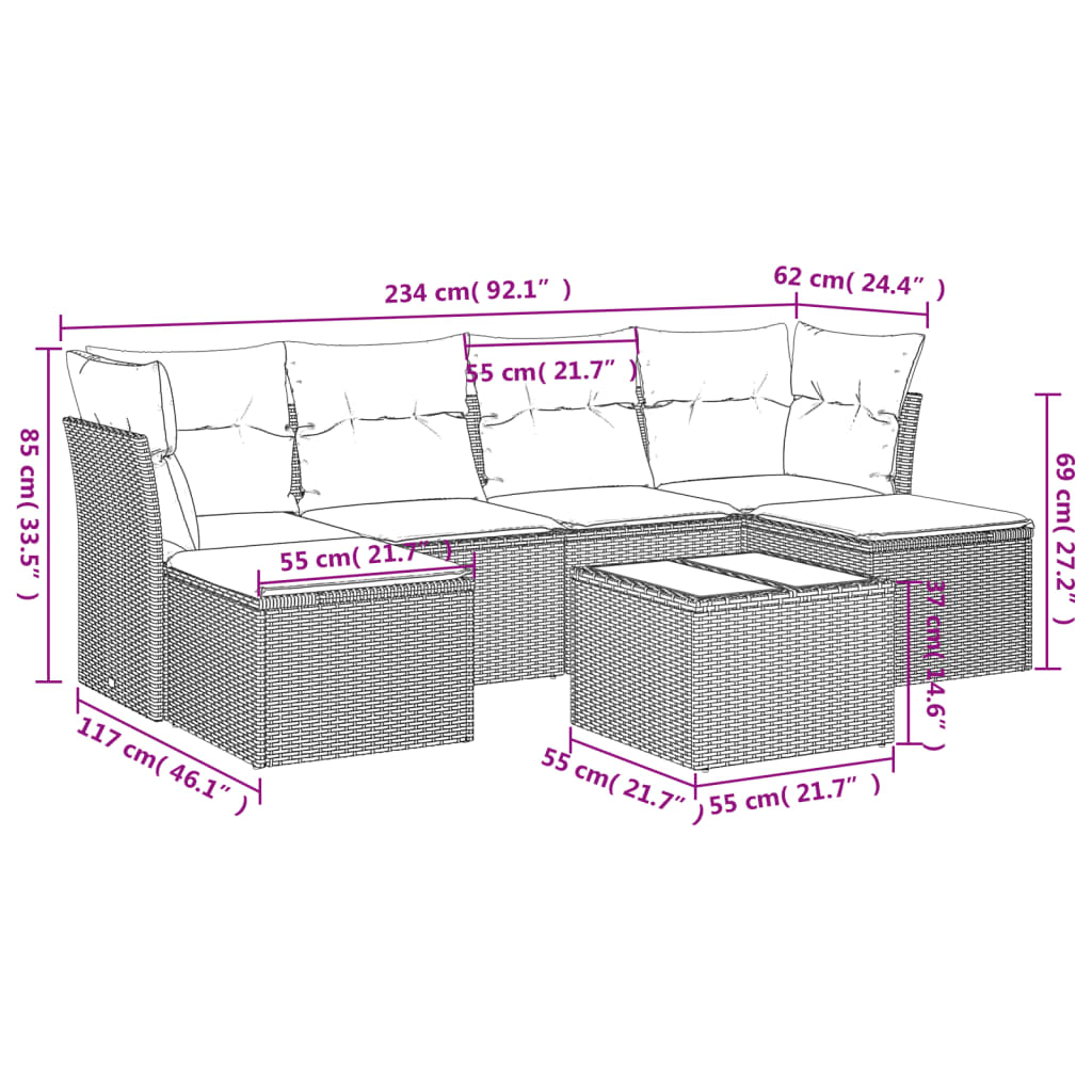 7 Pcs conjunto de sofás p/ jardim com almofadões vime PE bege