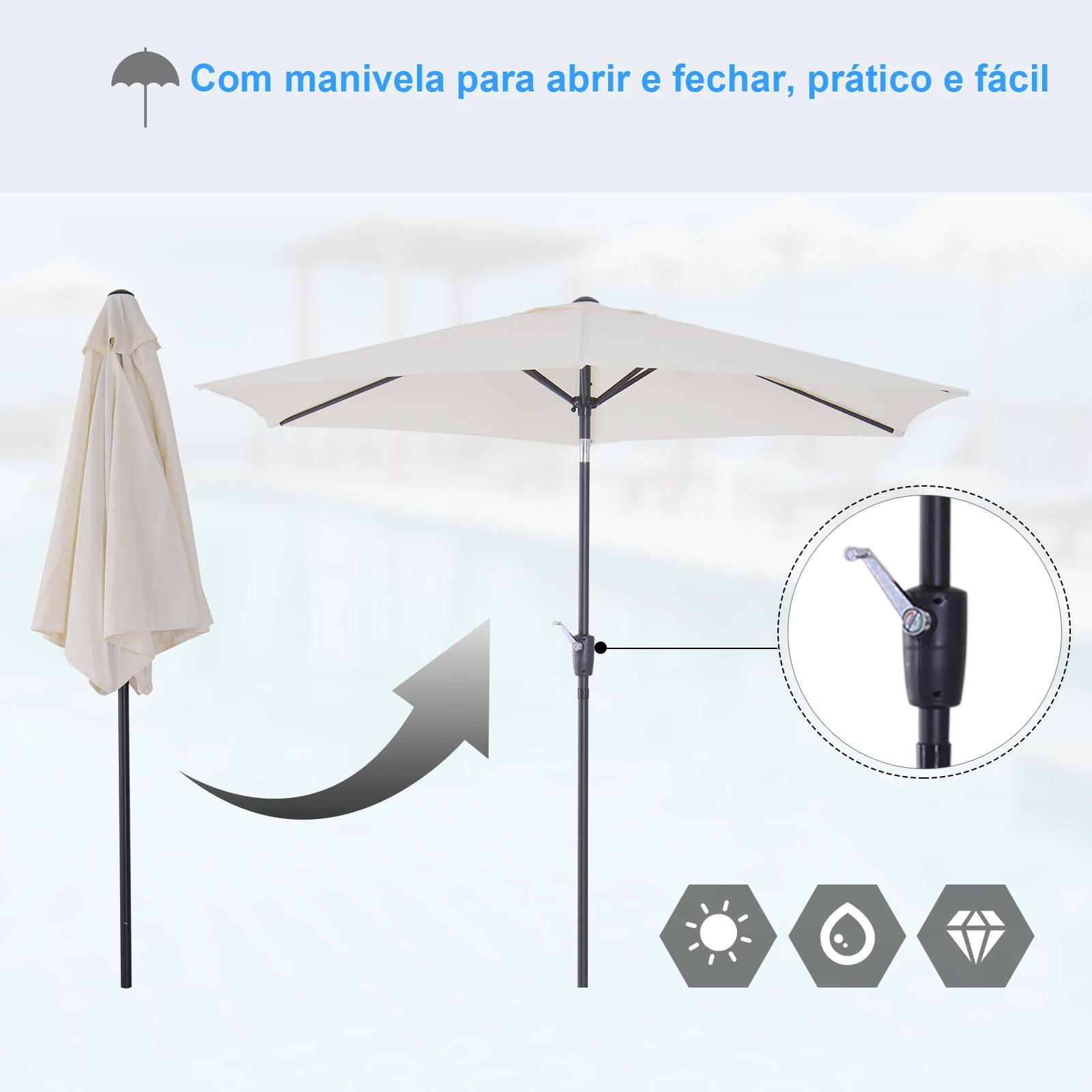 Chapéu de sol de jardim ø270x235cm chapéu de sol de alumínio reclinável com manivela e 6 hastes para terraço exterior balcão creme