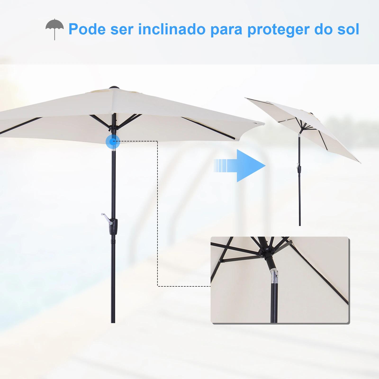 Chapéu de sol de jardim ø270x235cm chapéu de sol de alumínio reclinável com manivela e 6 hastes para terraço exterior balcão creme
