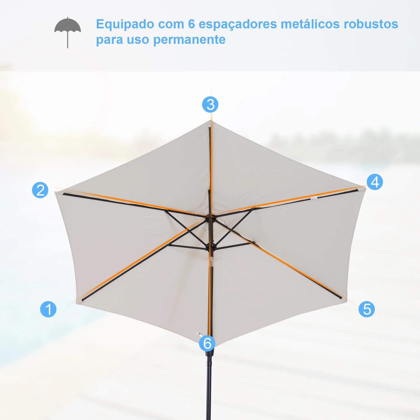 Chapéu de sol de jardim ø270x235cm chapéu de sol de alumínio reclinável com manivela e 6 hastes para terraço exterior balcão creme