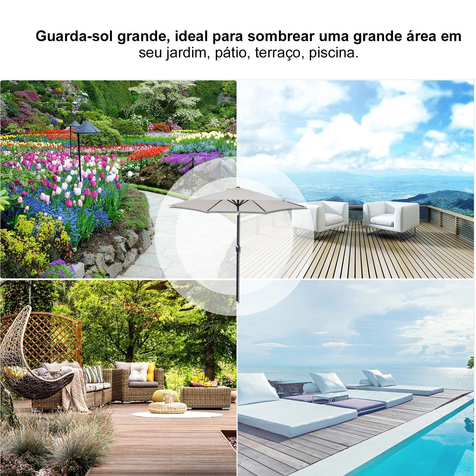 Chapéu de sol de jardim ø270x235cm chapéu de sol de alumínio reclinável com manivela e 6 hastes para terraço exterior balcão creme