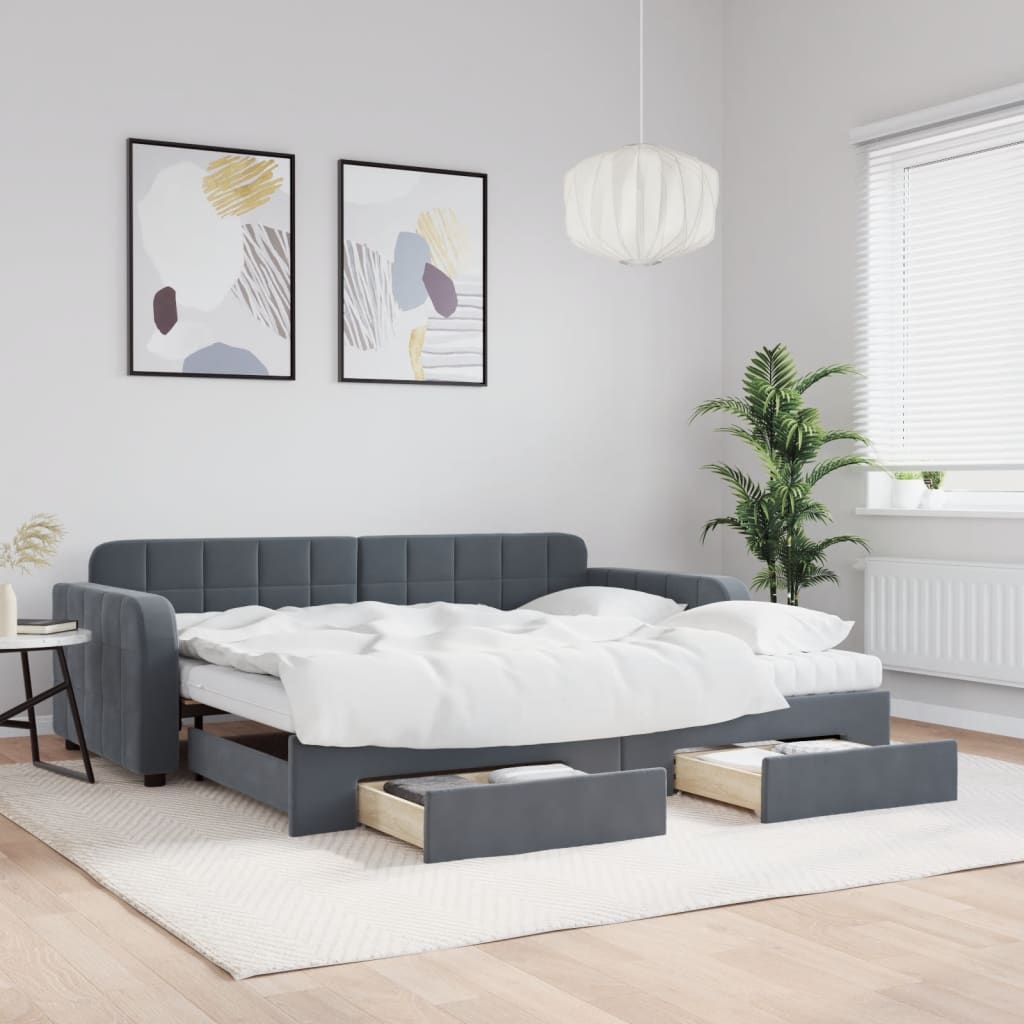 Sofá-cama c/ gavetão e gavetas 90x190 cm veludo cinzento-escuro