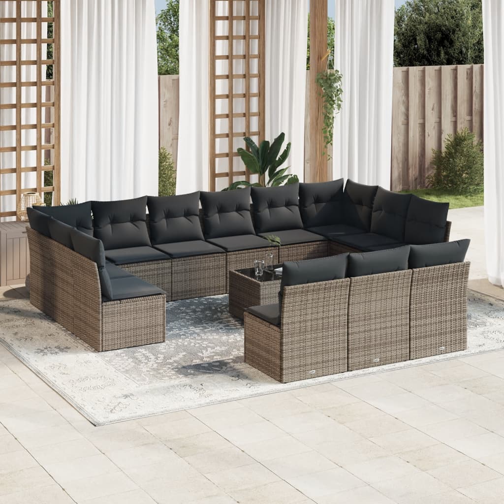 14 Pcs conjunto sofás p/ jardim c/ almofadões vime PE cinzento