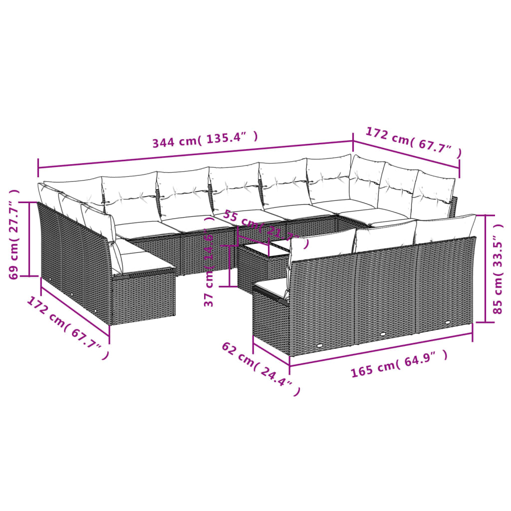 14 Pcs conjunto sofás p/ jardim c/ almofadões vime PE cinzento